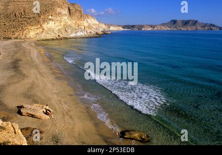 `Cala del Plomo´. Beach near Agua amarga. Cabo de Gata-Nijar Natural Park. Biosphere Reserve, Almeria province, Andalucia, Spain Stock Photo